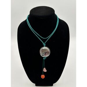 Vintage Hand Painted Inside Glass Pendant Necklace Silk Cord Teal Asian Style
